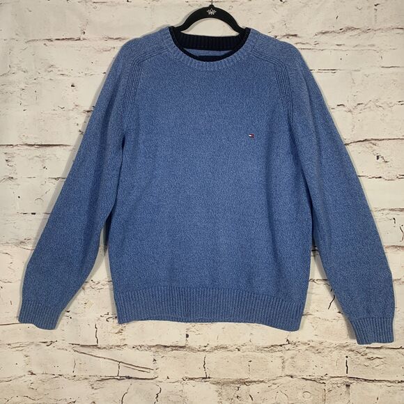Tommy Hilfiger Y2K Blue Crewneck Sweater Men’s Large Classic Logo Knit Preppy - Picture 1 of 8